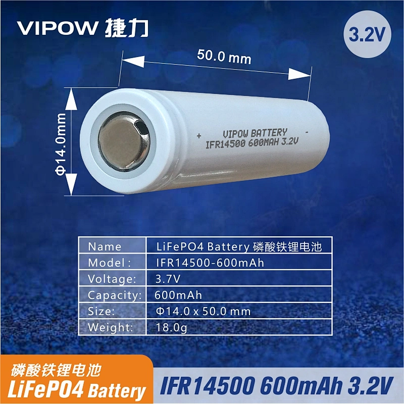 LiFePO4 Battery IFR14500 600mAh 3.2V Flat top