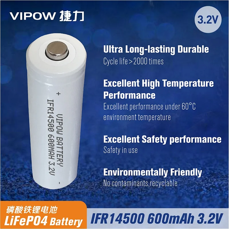 LiFePO4 Battery IFR14500 600mAh 3.2V tip top