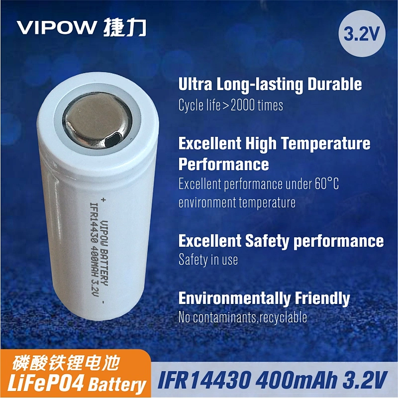LiFePO4 Battery IFR14430 400mAh 3.2V Flat Top
