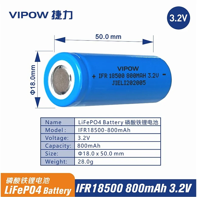 LiFePO4 Battery IFR18500 800mAh 3.2V