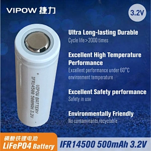 LiFePO4 Battery IFR14500 500mAh 3.2V Flat top