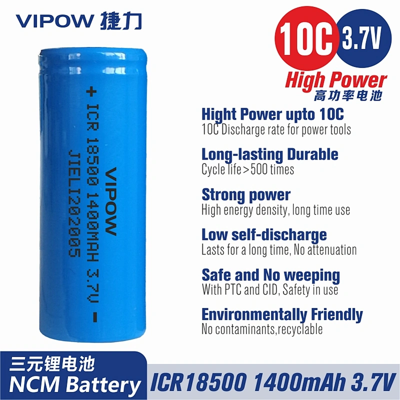 10C NCM Lithium Battery ICR18500 1400mAh 3.7V