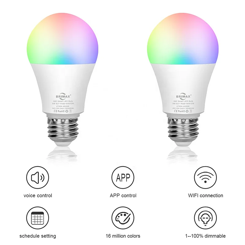 2020 new designed model A60 A19 RGB+2700K-6500K dimmable led smart bulb alexa