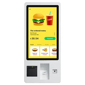 Restaurant supermarket digital signage touch screen QR code scan and printer self service payment kiosk