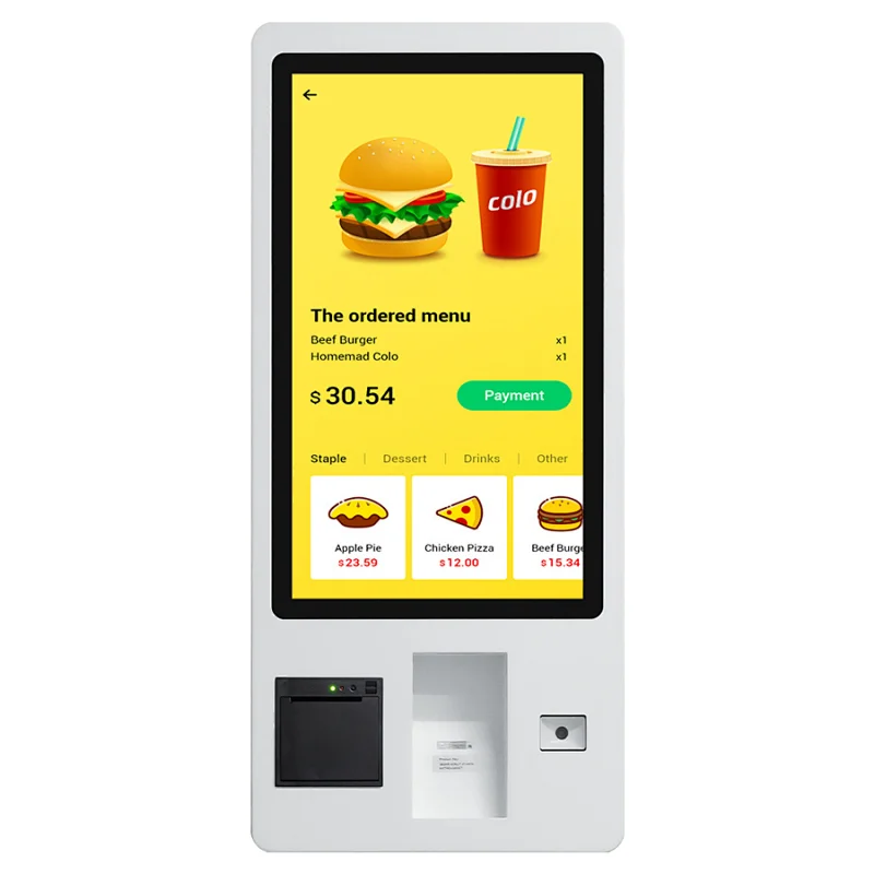 Restaurant supermarket digital signage touch screen QR code scan and printer self service payment kiosk