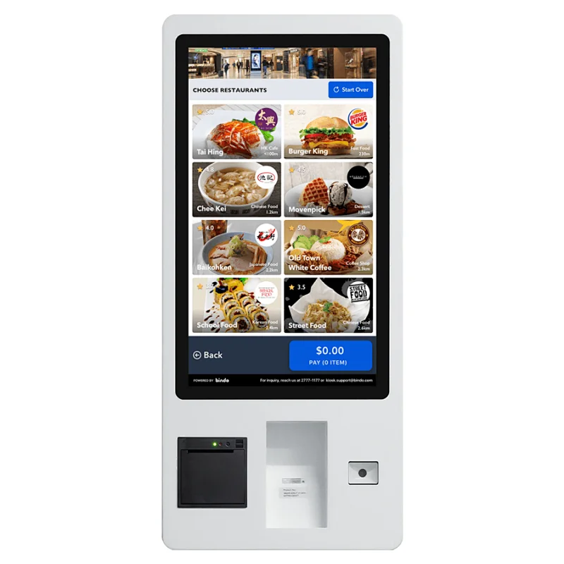 Restaurant supermarket digital signage touch screen QR code scan and printer self service payment kiosk