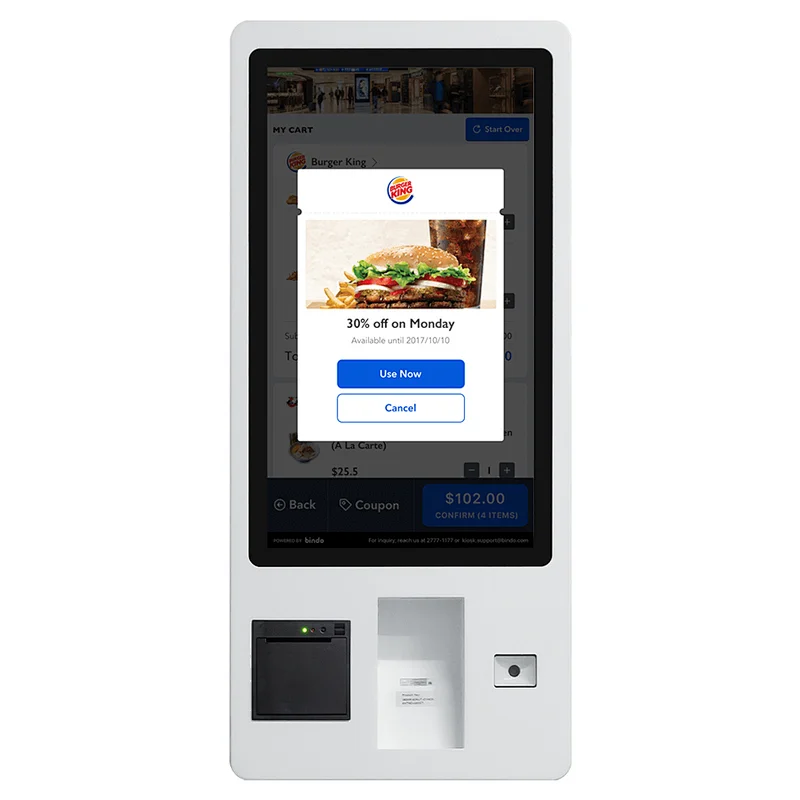Restaurant supermarket digital signage touch screen QR code scan and printer self service payment kiosk