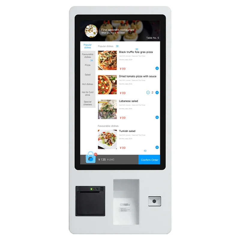 Restaurant supermarket digital signage touch screen QR code scan and printer self service payment kiosk