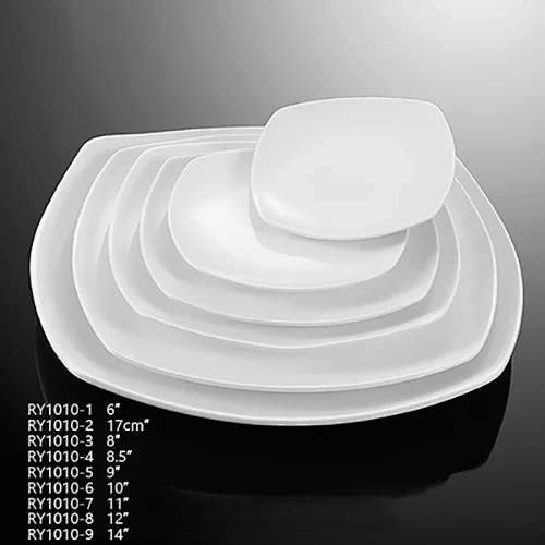 Hot sale hotel used buffet plate curved rim white porcelain square dinner dish plate
