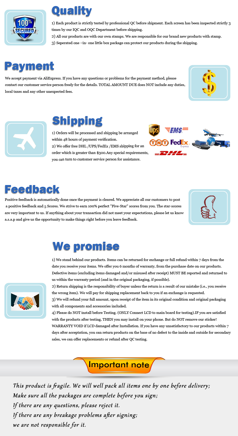 quality, payment, shipping and feedback note