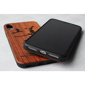 Radium carved mobile phone case real wood applicable iPhone 11 promax protective case cherry wood spray black shell