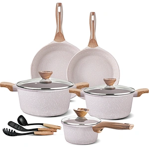 Hot Sell Granite Wooden Handle Stone Forged Aluminium Kitchen Cookware  Cooking Pot Sets Cookware Set