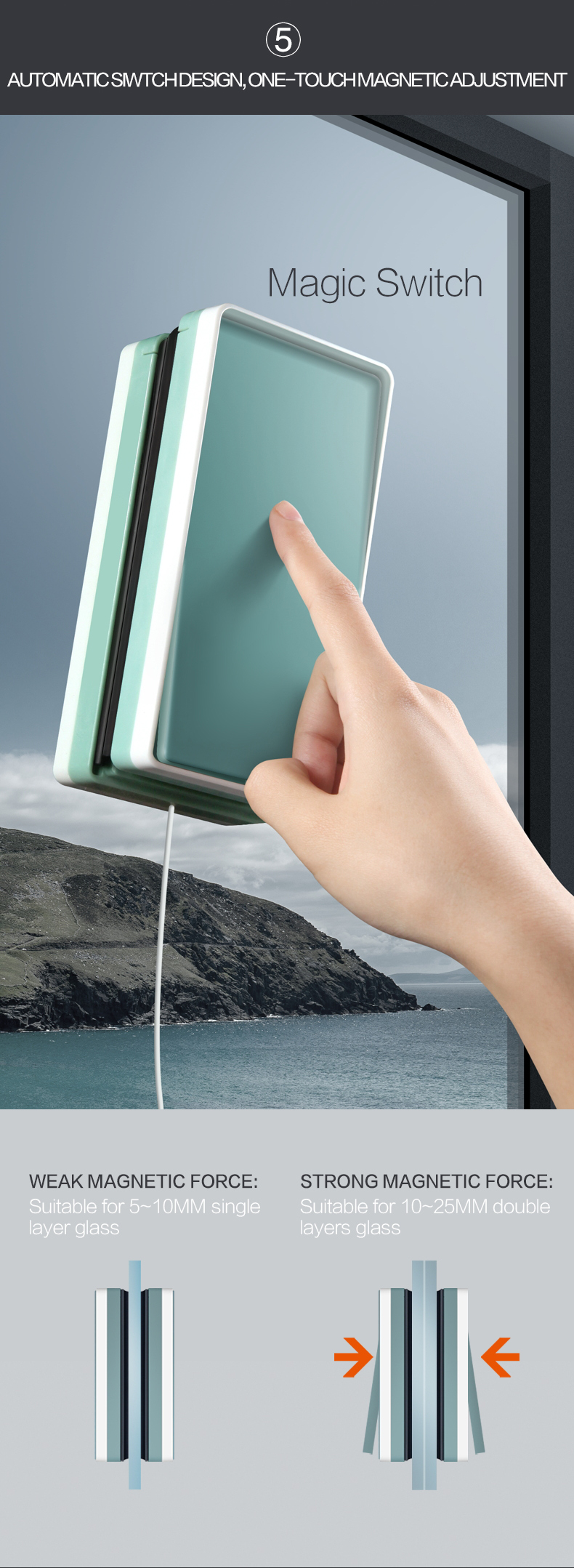 automatic switch design,one touch magnetic adjustment window cleaner