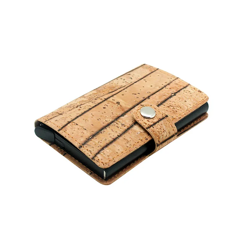 Boshiho Portugal cork fabric vegan leather aluminium POP UP money clip credit card holder wallet for men