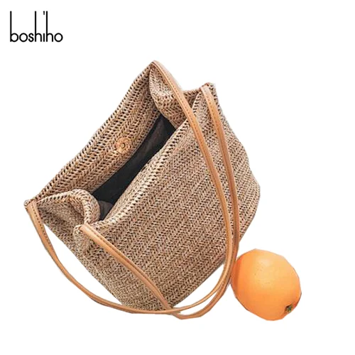 Custom women fashion lady vegan woven straw shopping beach tote shoulder bag