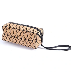 Boshiho fashion diamond lattice eco-friendly cork cosmetic bag customized make-up handbag geometric lattice phone purse wristlet