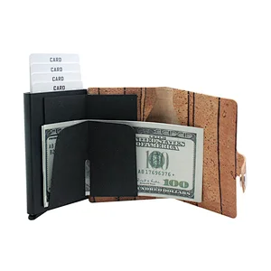 Boshiho Portugal cork fabric vegan leather aluminium POP UP money clip credit card holder wallet for men