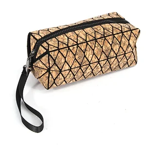 Boshiho fashion diamond lattice eco-friendly cork cosmetic bag customized make-up handbag geometric lattice phone purse wristlet