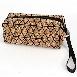 Boshiho fashion diamond lattice eco-friendly cork cosmetic bag customized make-up handbag geometric lattice phone purse wristlet