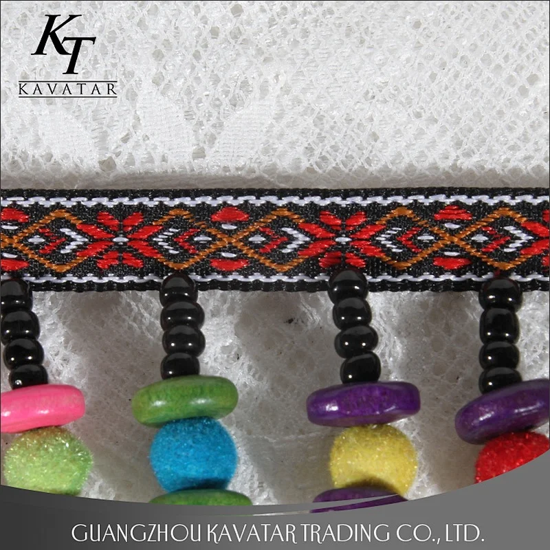 Kavatar Cheap Colorful Ribbon Manual Beaded Long Fringe Lace Trim