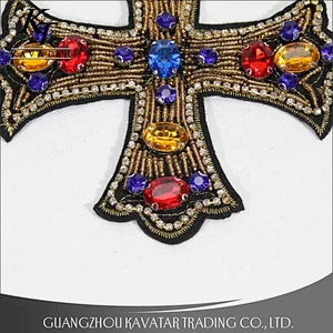 Kavatar Bead Heavy Embroidery Applique Rhinestone Large Cloth Sew Decorative Accessories Cross Patch