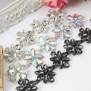 Flower Shape Crystal AB Red Black Rhinestone Chain Trims Costume Applique Sewing Craft Wholesale