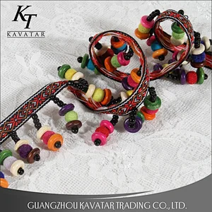 Kavatar Cheap Colorful Ribbon Manual Beaded Long Fringe Lace Trim
