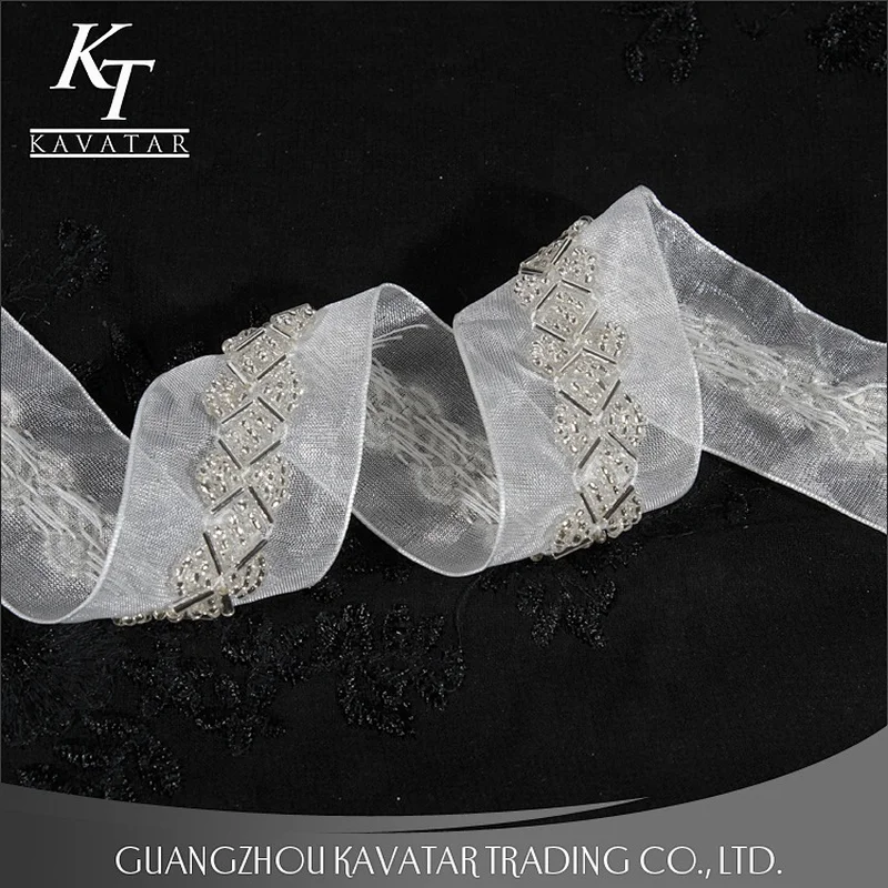 White mesh beaded lace trim ribbon for bride dress