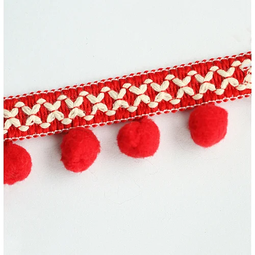 Red cotton pompom fringe trim for garments decoration