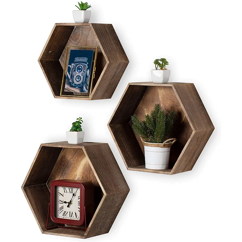 Rustic Wall Mounted Hexagonal Floating Shelves Set of 3 Large from