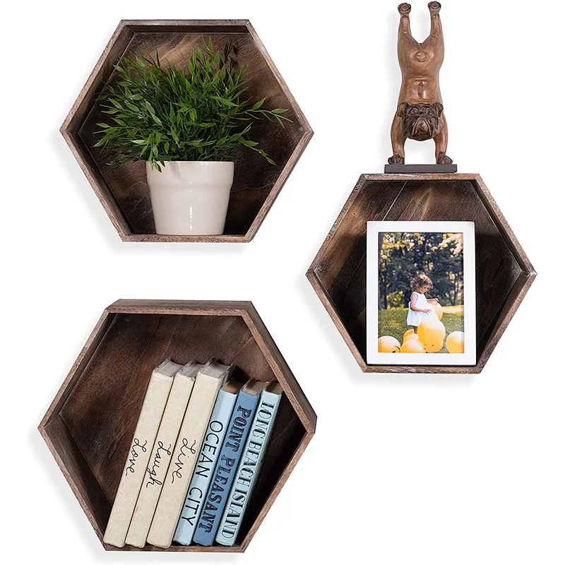 Rustic Wall Mounted Hexagonal Floating Shelves Set of 3 Large from