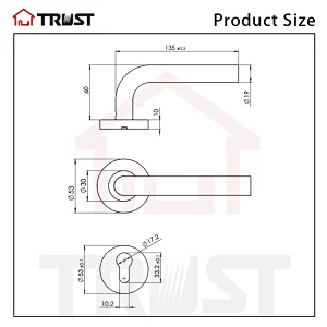 TRUST TH002-SS-7255-70KT Hollow Door Hndle With Mortise Lock 7255 and Key-Turn Cylinder
