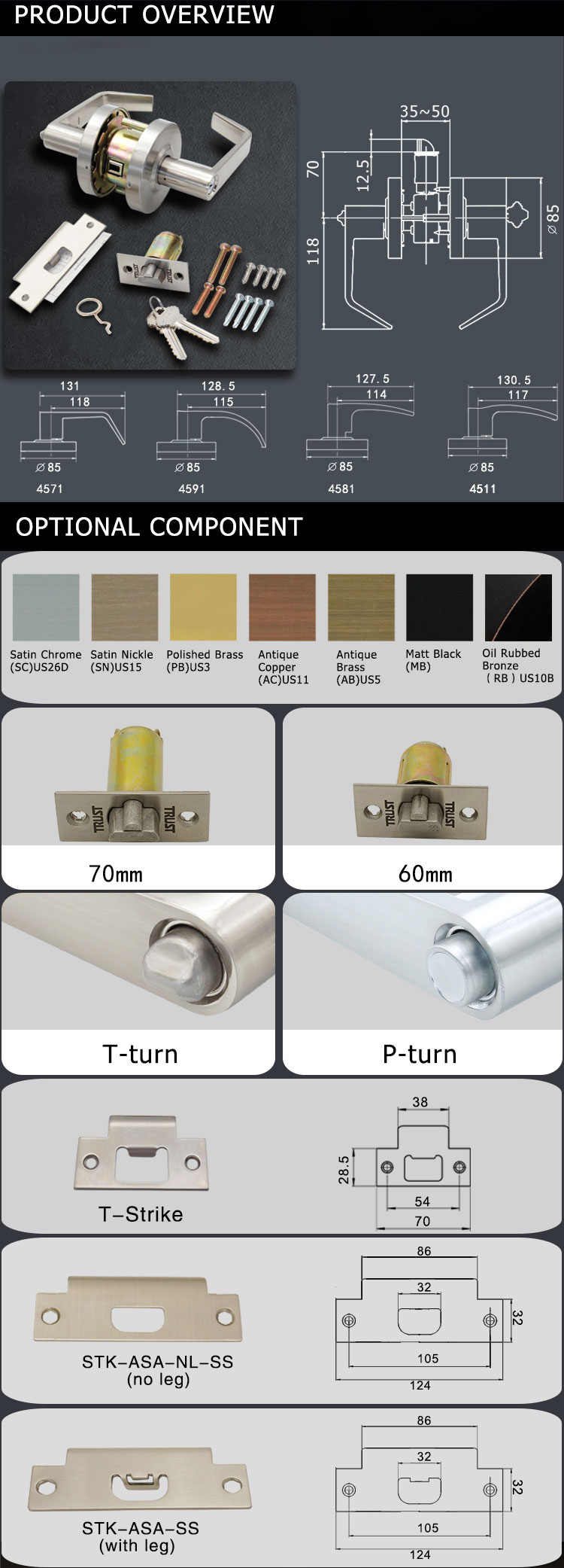 Trust 4571-SN Commercial Door Lock Grade 2 Cylindrical Entrance Clutch Function Lever Handle
