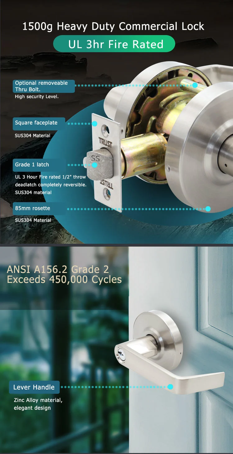 Trust 4571-SN Commercial Door Lock Grade 2 Cylindrical Entrance Clutch Function Lever Handle