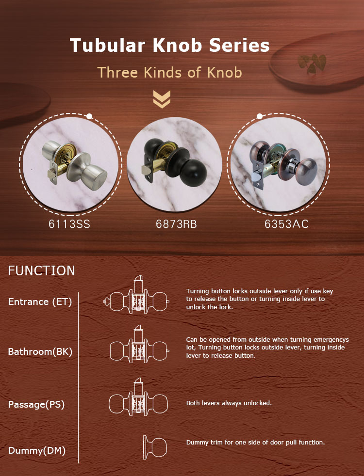 TRUST 6873-SS American style Tubular Knob Door Lock ANSI Grade 3 Keyed Entry Round Knob Lock