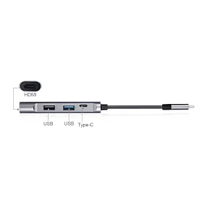 4-in-1 USB-C Multiport Adapter extend one USB-C port to one USB-C PD, one HDMI A, one USB 3.0 A and one USB 2.0 A