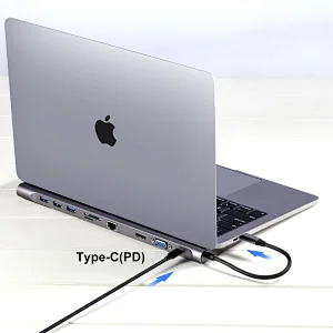 10-in-1 USB-C docking station to 60W PD +HDMI+VGA + 3 x USB 3.0 A + 1 x RJ45 + 1 x 3.5mm audio + 1 x SD/Micro SD card slot