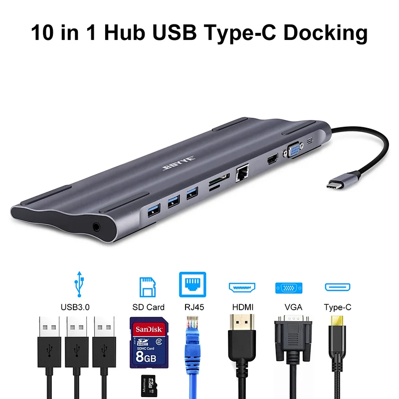 10-in-1 USB-C docking station to 60W PD +HDMI+VGA + 3 x USB 3.0 A + 1 x RJ45 + 1 x 3.5mm audio + 1 x SD/Micro SD card slot