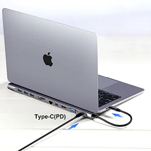 11-in-1 USB-C Docking Station extend one USB-C port to one USB-C PD, one RJ45, one HDMI A, one VGA, one Mini DisplayPort, three USB 3.0 A, one headphone jack, one SD card slot and one Micro SD card slot