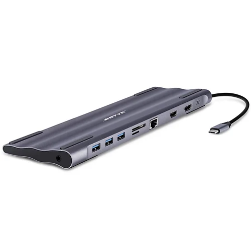 10-in-1 USB-C docking station extend one USB-C port to USB-C PD + 2 x HDMI + 3 x USB 3.0 A + 1 x RJ45 + 1 x 3.5mm audio + SD/Micro SD card slot