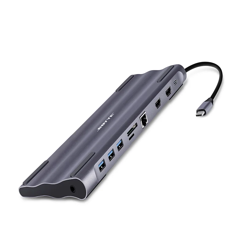 10-in-1 USB-C docking station extend one USB-C port to USB-C PD + 2 x HDMI + 3 x USB 3.0 A + 1 x RJ45 + 1 x 3.5mm audio + SD/Micro SD card slot