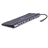 11-in-1 USB-C Docking Station extend one USB-C port to one USB-C PD, one RJ45, one HDMI A, one VGA, one Mini DisplayPort, three USB 3.0 A, one headphone jack, one SD card slot and one Micro SD card slot