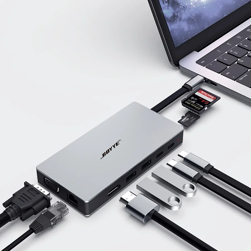 9 IN 1 Type C to VGA+LAN+HDMI+2xUSB3.0+C-PD+C-DATA+SD+microSD