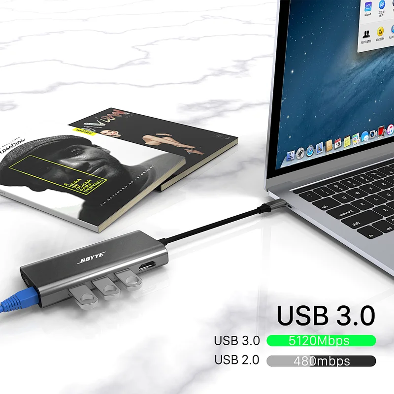 8-in-1 USB-C Multiport Adapter extend to 1 x USB-C PD + HDMI A + 3 x USB 3.0 A + RJ45 + 1 x SD/Micro SD card slot