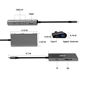 8-in-1 USB-C Multiport Adapter extend to 1 x USB-C PD + HDMI A + 3 x USB 3.0 A + RJ45 + 1 x SD/Micro SD card slot
