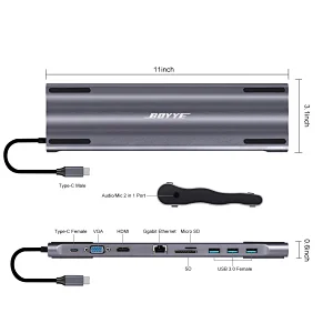 10-in-1 USB-C docking station to 60W PD +HDMI+VGA + 3 x USB 3.0 A + 1 x RJ45 + 1 x 3.5mm audio + 1 x SD/Micro SD card slot