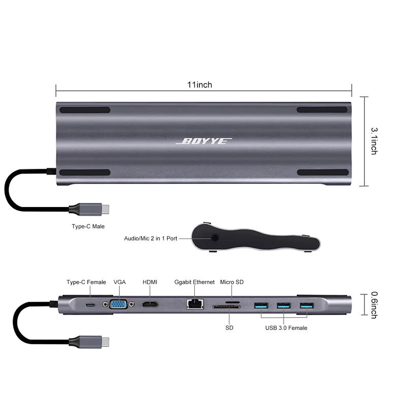 10-in-1 USB-C docking station to 60W PD +HDMI+VGA + 3 x USB 3.0 A + 1 x RJ45 + 1 x 3.5mm audio + 1 x SD/Micro SD card slot
