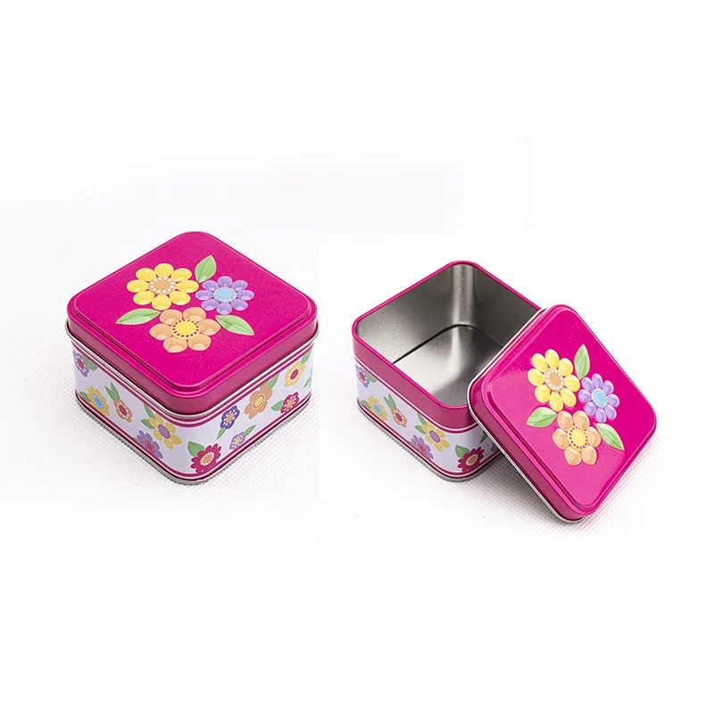 Pretty design small square tin box embossed tin gift packing tin