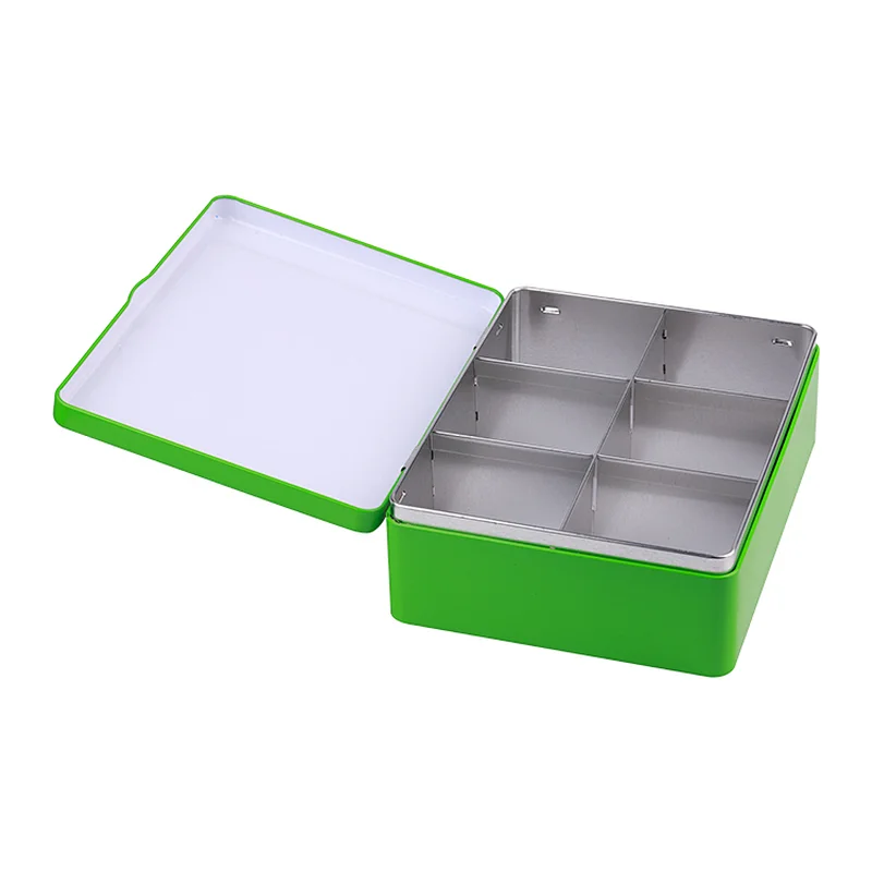 Good quality rectangular hinged tin box with small partitions food grade tea tins