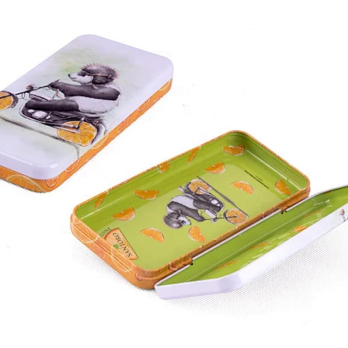custom logo pencil case with hinge cartoon style pencil box with embossing on lid